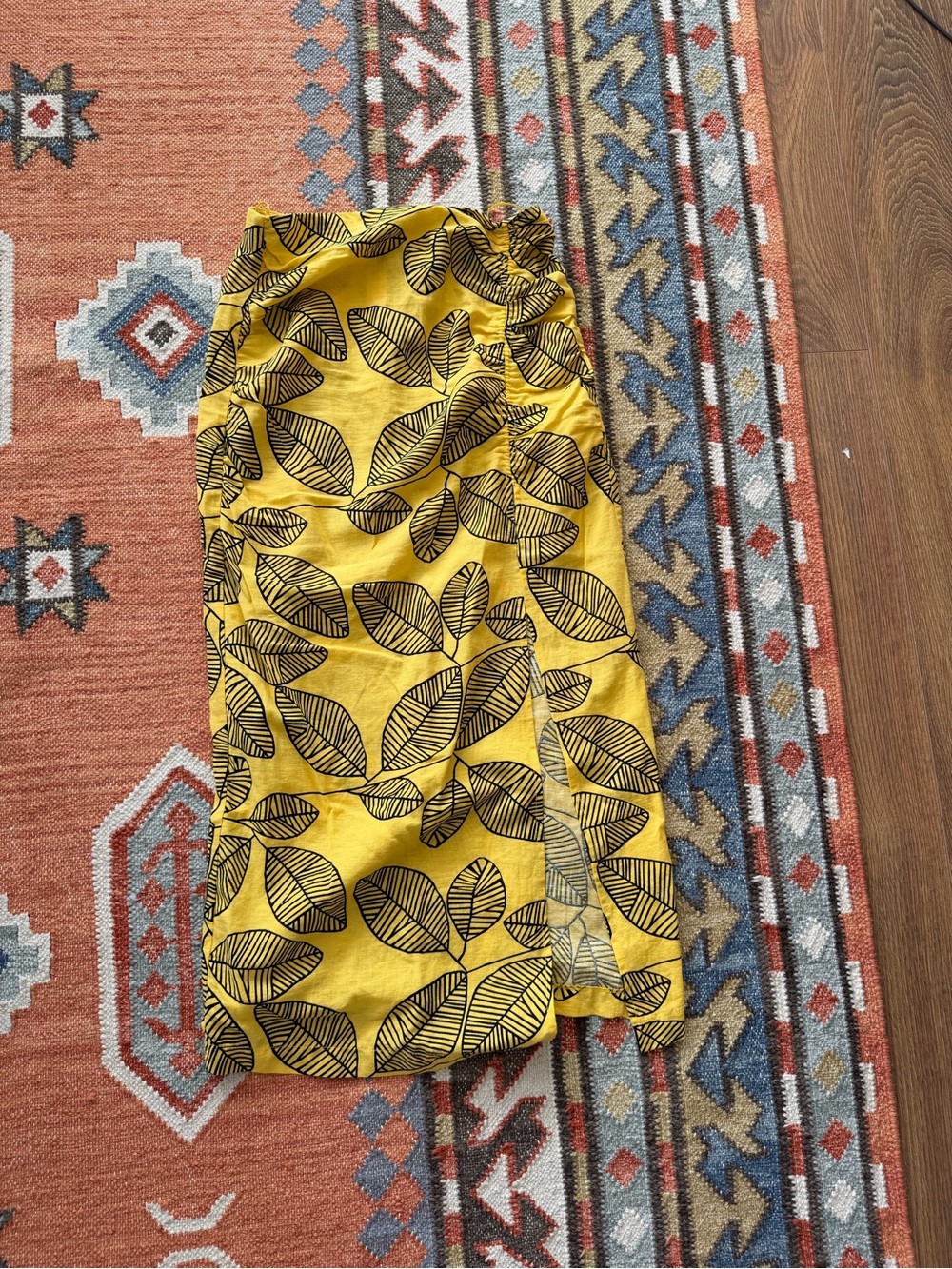 Zara Yellow Midi Skirt with Black Leaf Print